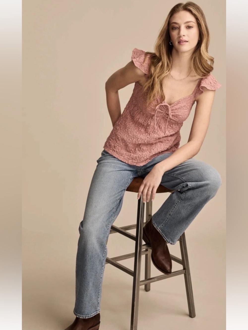 Lucky Brand Women's Top Sz M Textured Ruffle-Sleeve Babydoll NWT
